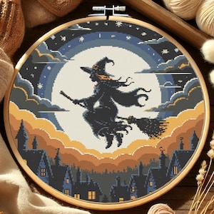 Flying Witch Halloween Cross-Stitch Pattern – Broomstick Witch Soaring Over Haunted Town with Full Moon
This atmospheric pattern features a bold silhouette of a witch flying on her broomstick across a glowing full moon, surrounded by layered twilight clouds and a starry sky. Below, dark rooftops and pointed turrets create a charmingly spooky village, perfect for Halloween decor and seasonal stitching.