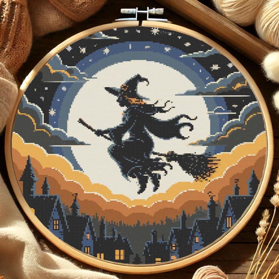 Halloween Night Witch Cross Stitch Pattern Spooky Witch Flying Over Town Embroidery Pattern Moon Witch Cross Stitch Halloween For Lovers