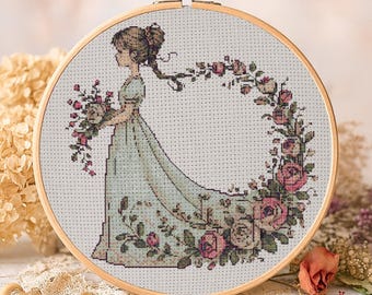 Vintage Mädchen mit Rose Kreuzstichmuster Romantische Braut Stickmuster Elegant Botanische Frau Blumenstrauß Blumenkranz Kreuzstich PDF