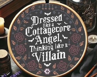 Cottagecore engel en schurk quote kruissteekpatroon | Gotisch bloemenborduurwerk | Home Decor Dark Academia, gotische Halloween-kruissteek