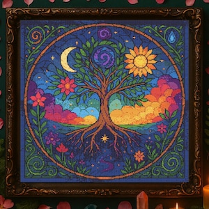 Tree of Life Cross Stitch Pattern Nature Tree with Lunar Stained Glass Embroidery Fantasy  Nature Celestial Tree Garden Cross Stitch PDF