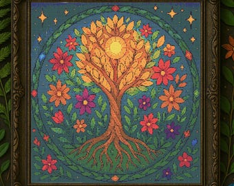 Patrón de punto de cruz del Árbol de la Vida Floral, Árbol Mágico con Sol Floreciente, Vitral Bordado, Árbol de Fantasía, Punto de Cruz PDF para Amantes de la Naturaleza