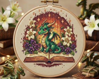 Magical Dragon and Book Cross Stitch Pattern: Fantasy Gothic Embroidery PDF with Flowers