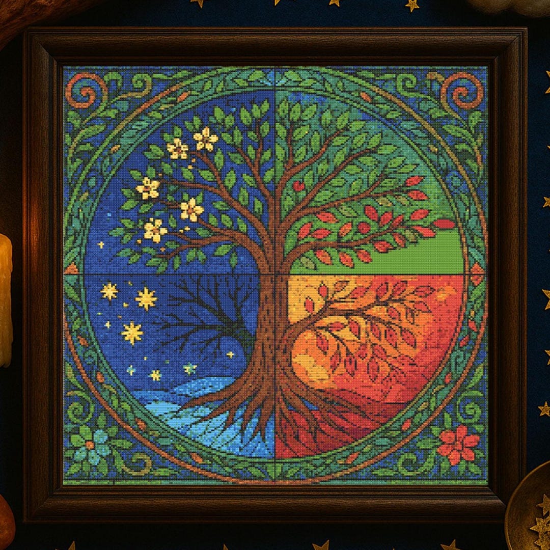 Four Seasons Tree Cross Stitch Pattern Magical Tree of Life Stained ...