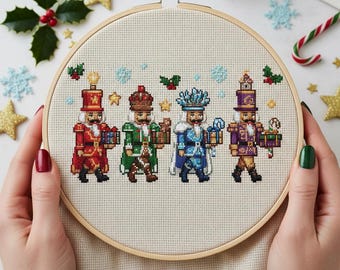 Christmas Nutcracker Parade Cross Stitch Pattern: Holiday Soldiers with Presents Stars Embroidery PDF