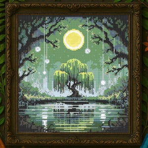 May include: Cross-stitch artwork of a serene landscape featuring a willow tree reflected in a calm body of water. The scene is illuminated by a large yellow moon and hanging orbs, framed in a dark wooden frame. The color palette is dominated by greens and blues.