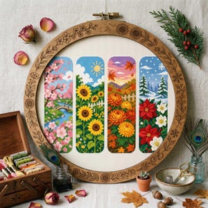 This cross stitch bookmark collection celebrates the beauty of all four seasons through detailed floral and landscape scenes. Spring features blooming cherry blossoms and a peaceful stream, summer showcases vibrant sunflowers beneath a sunny sky, autumn glows with warm golden chrysanthemums and colorful falling leaves, while winter presents elegant poinsettias against a snowy landscape. Together, the designs create a stunning seasonal journey through nature's changing beauty.