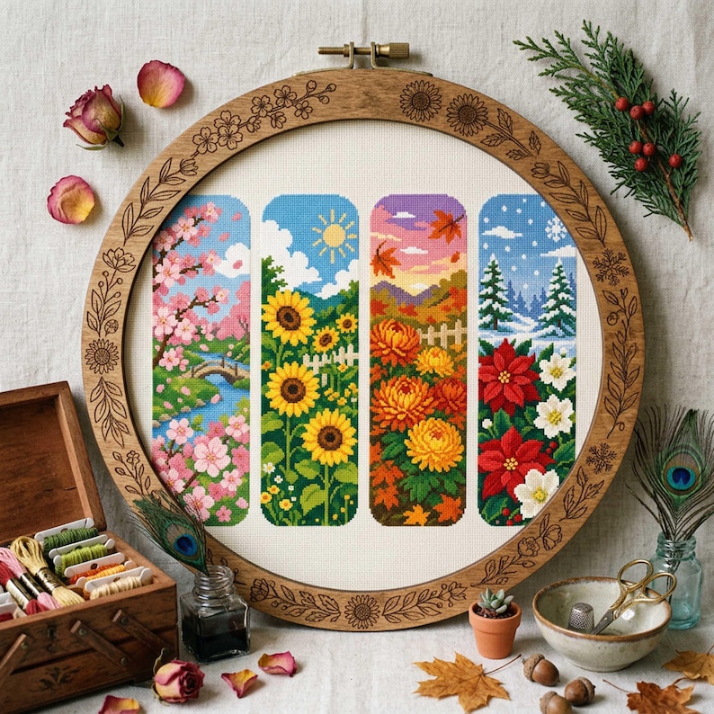 This cross stitch bookmark collection celebrates the beauty of all four seasons through detailed floral and landscape scenes. Spring features blooming cherry blossoms and a peaceful stream, summer showcases vibrant sunflowers beneath a sunny sky, autumn glows with warm golden chrysanthemums and colorful falling leaves, while winter presents elegant poinsettias against a snowy landscape. Together, the designs create a stunning seasonal journey through nature's changing beauty.