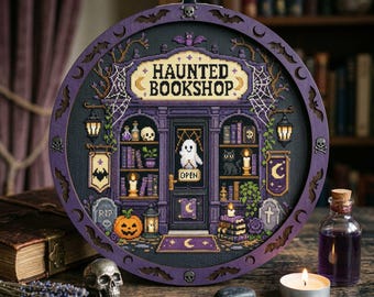 Patrón de punto de cruz de librería fantasma de Halloween: Bordado de librería embrujada con brujas en PDF