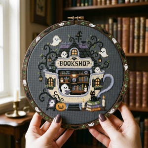 Halloween Teacup Bookshop Cross Stitch Pattern : Ghost Pumpkin Store Embroidery PDF