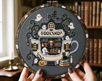 Halloween Teacup Bookshop Cross Stitch Pattern : Ghost Pumpkin Store Embroidery PDF