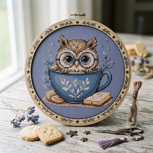Può includere: Ricamo a punto croce di un gufo con gli occhiali, seduto in una tazza blu. Il ricamo è incorniciato in un cerchio di legno con dettagli di foglie e stelle. Sono visibili anche un piccolo libro e biscotti.