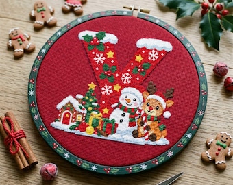 Patrón de punto de cruz con monograma navideño Y: Bordado navideño de renos y casa de jengibre en PDF