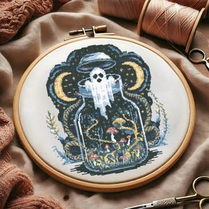 Ghostly Apothecary Bottle Cross Stitch Pattern, Spooky Haunted Embroidery, Mystical Night Forest Halloween Cross Stitch, Ghost Cross Stitch