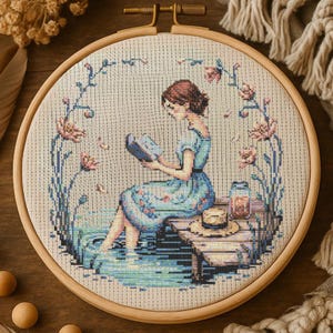 Girl Reading by the Lake Cross Stitch Pattern Peaceful Girl Reading by Water Embroidery Floral Reading Cottagecore Cross Stitch Book Lovers