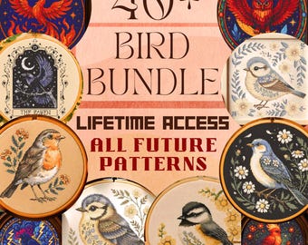 Ultimatives Vogel Bundle 40+ Kreuzstich Muster Lifetime Access Vault mit Singvögeln Fantasy Vögel Waldvögel Stickerei Sofort Download