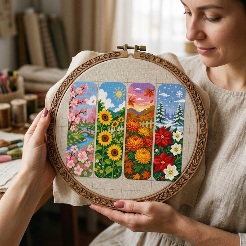 This cross stitch bookmark collection celebrates the beauty of all four seasons through detailed floral and landscape scenes. Spring features blooming cherry blossoms and a peaceful stream, summer showcases vibrant sunflowers beneath a sunny sky, autumn glows with warm golden chrysanthemums and colorful falling leaves, while winter presents elegant poinsettias against a snowy landscape. Together, the designs create a stunning seasonal journey through nature's changing beauty.