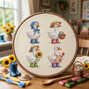 May include: A cross-stitch embroidery hoop featuring four whimsical ducks, each adorned with unique accessories like hats, boots, and a sunflower. The ducks are set against a neutral background, creating a charming, handcrafted aesthetic. The hoop is displayed on a wooden surface.