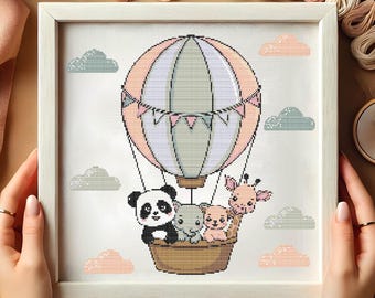 Patrón de punto de cruz con globos aerostáticos, adorables animales de safari bordados, decoración de habitación infantil en punto de cruz, adorable decoración para habitación de bebé.