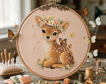 Baby Deer Cross Stitch Pattern: Woodland Fawn Floral Crown Forest Animal Embroidery PDF