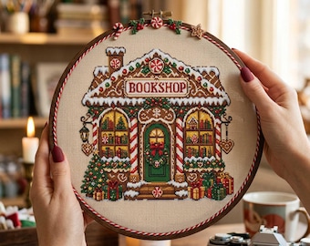 Patrón de punto de cruz de librería navideña nevada: Bordado en PDF de amante de los libros navideños con temática de pan de jengibre