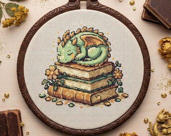 Sleeping Dragon on Books Cross Stitch Pattern: Cozy Fantasy Embroidery PDF with Flowers