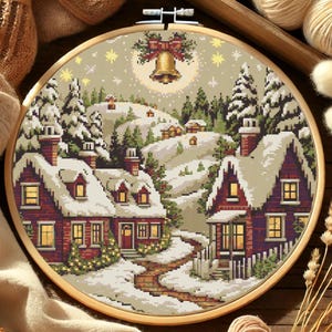 Snowy Christmas Village Cross Stitch Pattern Winter Town with Red Cabins Embroidery Pattern Festive Christmas Holiday Decor Cross Stitch