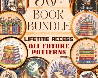 Puede incluir: Una colección de patrones de punto de cruz con diseños temáticos de libros. La imagen incluye el texto "50+ BOOK BUNDLE" y "LIFETIME ACCESS ALL FUTURE PATTERNS". Los diseños incluyen un esqueleto leyendo, pájaros en libros y un dragón.