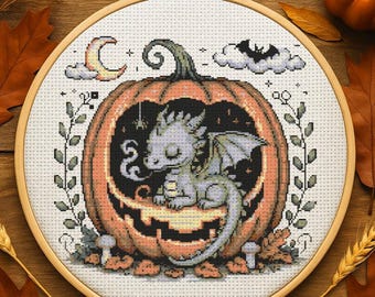 Fantasy Sleepy Baby Dragon Cross Stitch Pattern Cute Halloween Dragon Embroidery Magical Dragon Pumpkin Halloween Cross Stitch PDF Beginner