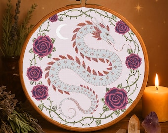 Floral Crescent Dragon Cross Stitch Pattern, Mystical Florals Dragon Halloween Embroidery, Fantasy Spooky Roses beginner stitching Pattern