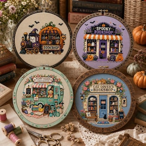 A warm boho orange Etsy listing photo for a 36 Bookshop Cross Stitch Bundle, featuring cozy embroidered bookstore designs displayed inside wooden embroidery hoops. The image has a soft autumn-inspired background with burnt orange, cream, beige, and brown tones, decorated with dried flowers, lace, leaves, vintage paper textures, and handmade craft details. The center text highlights “36 Bookshop Bundle” and “Cross-Stitch Patterns,” making the product clear for buyers who love cozy bookstores,