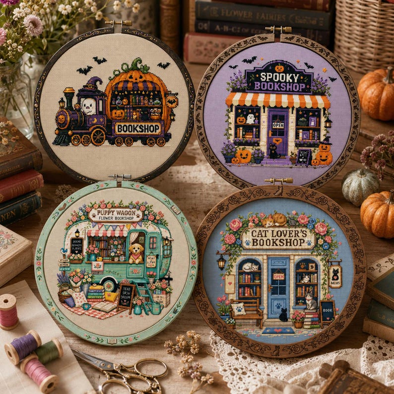 A warm boho orange Etsy listing photo for a 36 Bookshop Cross Stitch Bundle, featuring cozy embroidered bookstore designs displayed inside wooden embroidery hoops. The image has a soft autumn-inspired background with burnt orange, cream, beige, and brown tones, decorated with dried flowers, lace, leaves, vintage paper textures, and handmade craft details. The center text highlights “36 Bookshop Bundle” and “Cross-Stitch Patterns,” making the product clear for buyers who love cozy bookstores,