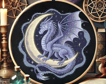 月の天のドラゴンのクロスステッチパターン、神秘的なファンタジー刺繍