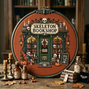 May include: A circular embroidery hoop featuring a cross-stitch design of a storefront labeled SKELETON BOOKSHOP. The scene includes a skeleton reading in a chair, bookshelves, skulls, pumpkins, and a sign that reads READ IF YOU DARE.