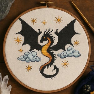 Flying Black Dragon Cross Stitch Pattern Magical Dark Dragon with Starbursts Embroidery Fantasy Night Sky Dragon Glass Cross Stitch PDF
