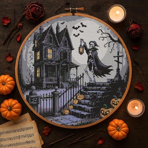 Grim Reaper Halloween Cross Stitch Pattern Spooky Skeleton Embroidery Victorian Haunted House Spooky Skeleton Cross Stitch PDF Beginner