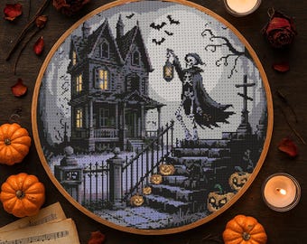 Grim Reaper Halloween Cross Stitch Pattern Spooky Skeleton Embroidery Victorian Haunted House Spooky Skeleton Cross Stitch PDF Beginner