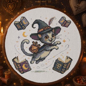 Magical Flying Witch Cat Cross Stitch Pattern Halloween Witch Cat Embroidery Halloween Magical Kitty Spooky Cat Books Halloween Cross Stitch