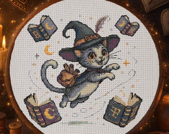 Magical Flying Witch Cat Cross Stitch Pattern Halloween Witch Cat Embroidery Halloween Magical Kitty Spooky Cat Books Halloween Cross Stitch