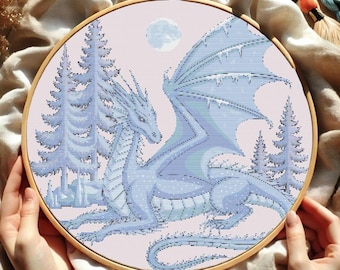 Ice Dragon Cross Stitch Pattern, Winter Fantasy Embroidery, Mystic Snow Dragon Needlework, Celestial Dragon Cross Stitch, Mythical Dragon