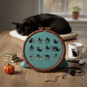 This minimalist cross-stitch pattern features a collection of charming black cat illustrations captured in everyday activities such as reading books, traveling, drinking tea, working at a computer, and relaxing in playful poses. The clean monochrome style creates a calm and modern aesthetic that’s easy to stitch and visually striking once finished. Perfect for cat lovers, cozy décor enthusiasts, and stitchers who enjoy simple yet expressive designs, this pattern brings warmth and personality