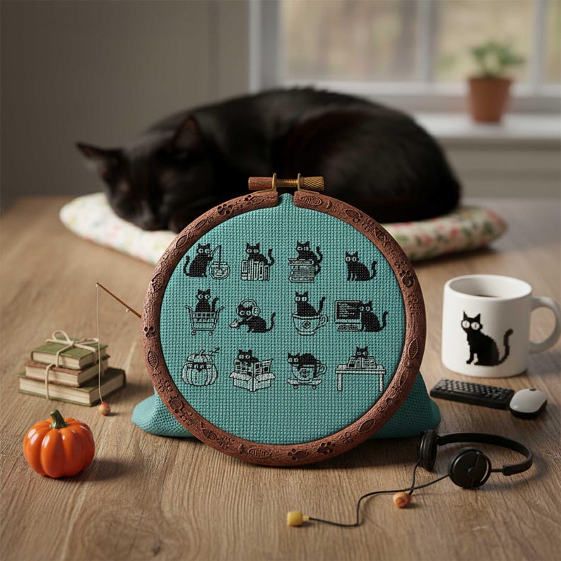 This minimalist cross-stitch pattern features a collection of charming black cat illustrations captured in everyday activities such as reading books, traveling, drinking tea, working at a computer, and relaxing in playful poses. The clean monochrome style creates a calm and modern aesthetic that’s easy to stitch and visually striking once finished. Perfect for cat lovers, cozy décor enthusiasts, and stitchers who enjoy simple yet expressive designs, this pattern brings warmth and personality