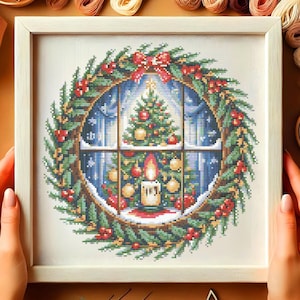 Christmas Wreath Window Cross Stitch Pattern Festive Holiday Wreath Embroidery Pattern Cozy Christmas  for Winter Decor Cross Stitch PDF
