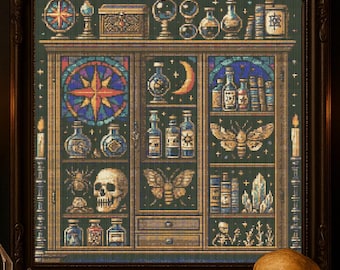 Magical Potion Cabinet Cross Stitch Pattern Halloween Skeleton Embroidery Fantasy Skeleton Spooky Dark Cross Stitch Wiccan Horror Needlework