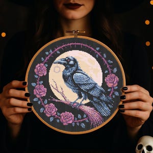 Night Raven Floral Moon Cross Stitch Pattern Gothic Raven Fantasy Embroidery Witchy Woodland Halloween spooky Bird Cross Stitch Pattern PDF