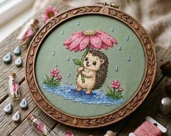 Kawaii Hedgehog Cross Stitch Pattern: Spring Rain Floral Animal Embroidery PDF