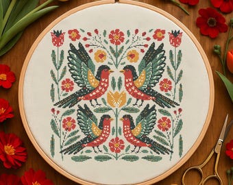 Flower Folk Birds Cross Stitch Pattern, Elegant Bird, Wildflowers Embroidery, Folk Art Birds Botanical Songbird Stitch Pattern for Beginner