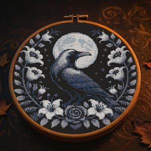 Gothic Raven Cross Stitch Pattern Gothic Raven Floral Embroidery Dark Fantasy Bird Magical Witchy Halloween Lover Cross Stitch PDF Beginner