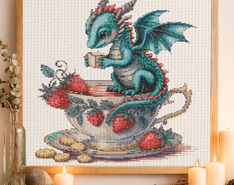 Fantasy Dragon in Teacup Cross Stitch Pattern Cute Kawaii Baby Dragon Embroidery Magical Dragon Teacup Halloween Cross Stitch PDF Beginner
