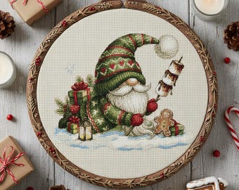 Modèle de point de croix de nain d'hiver festif : broderie de nain des fêtes, de pain d'épice et de cadeaux PDF